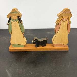 Vintage Folk Art Wooden Shelf Decor Amish Inspired Boy Girl Dog 1990s